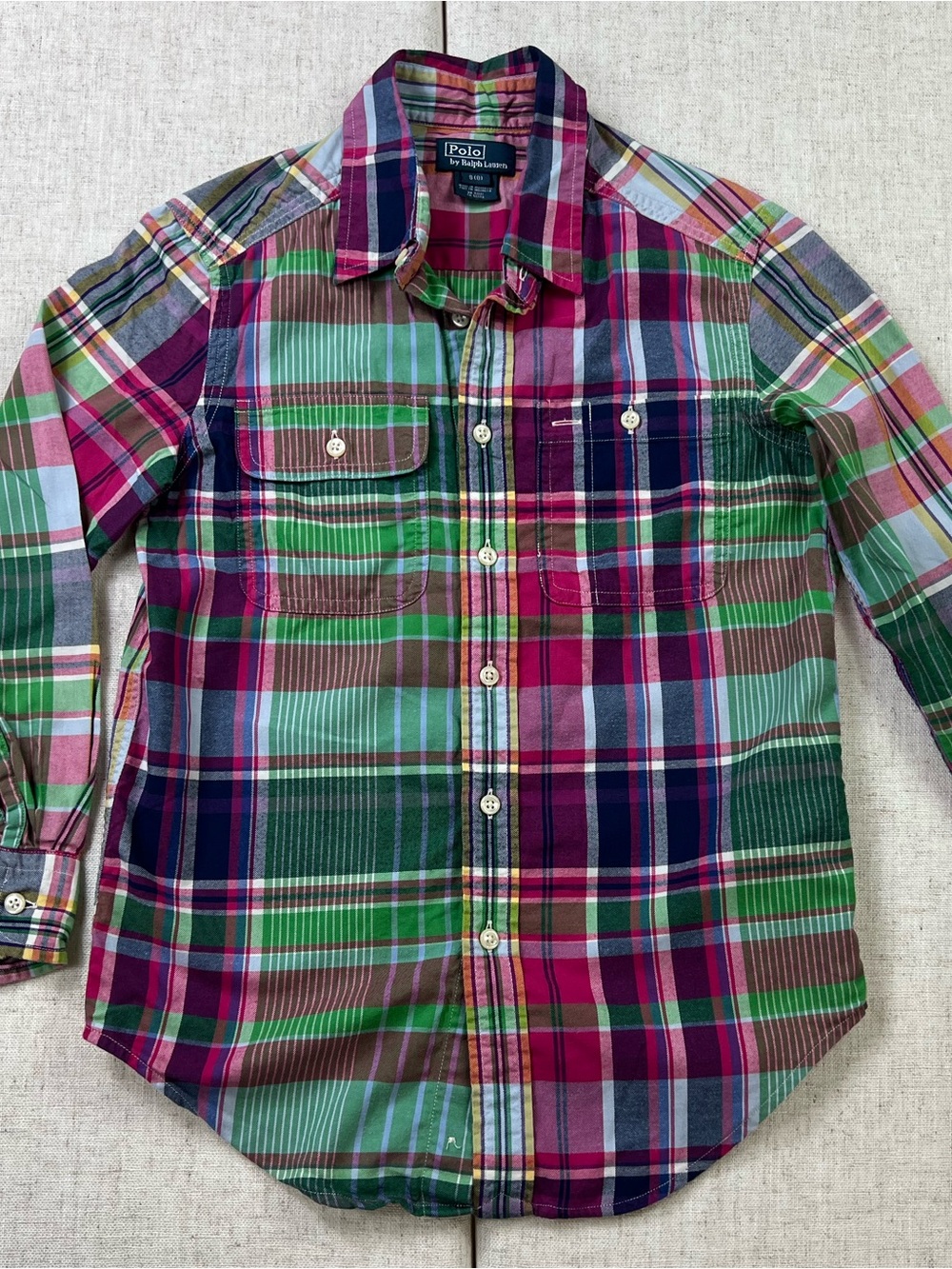 Vintage Ralph Lauren Boys Madras Plaid Shirt Pink Green Preppy Button Down Sz S